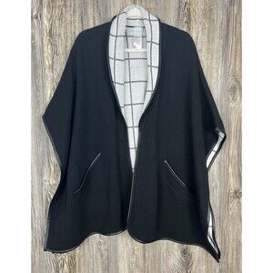 Chico's Cape Poncho Cardigan Sweater Black/Plaid Cozy Career Office Chic L/XL